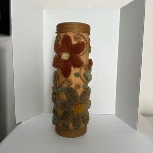 Vintage Retro Antique Handcrafted Floral Vase Tin Burlap Jute Yarn 21" Tall